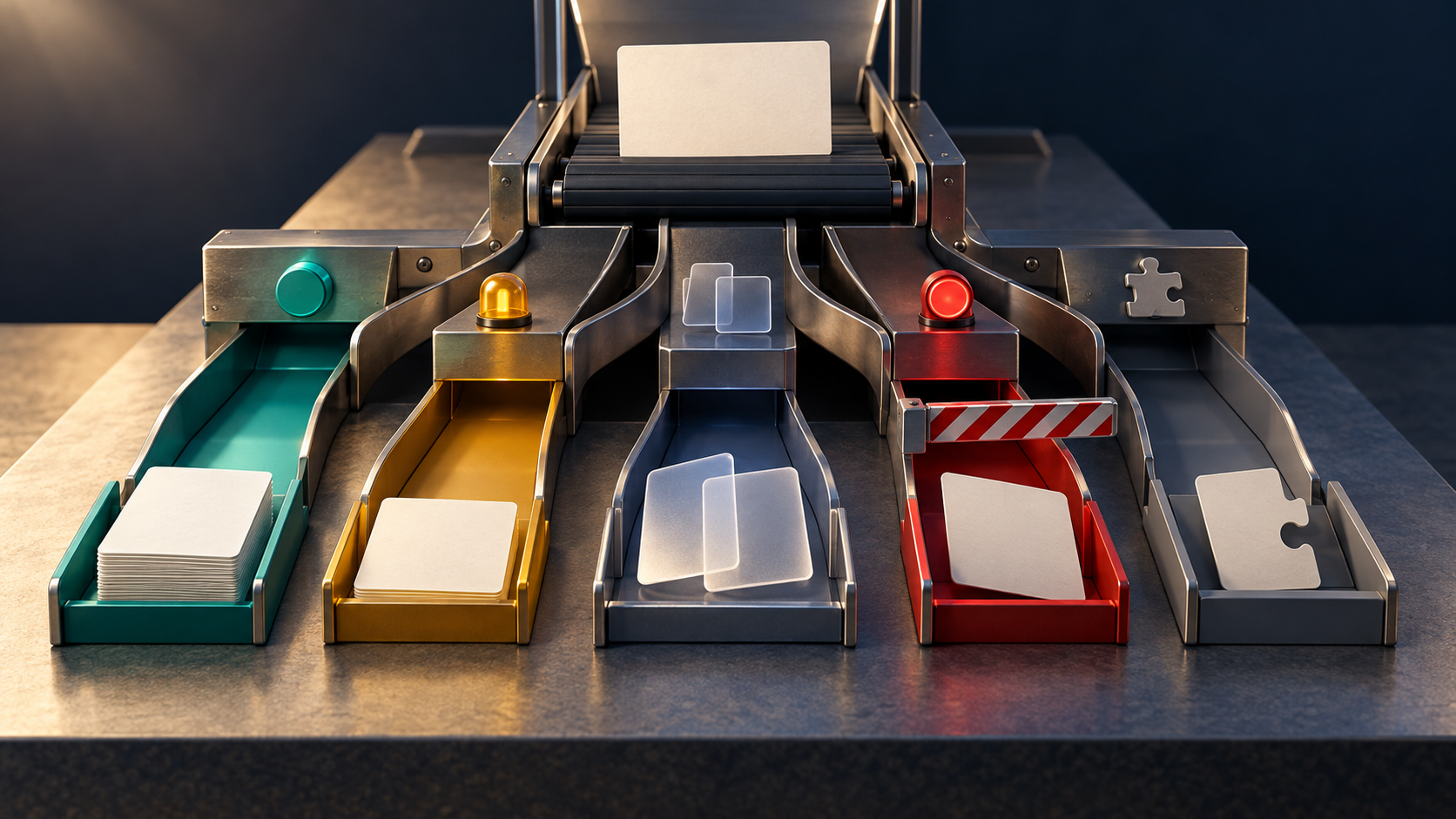 Conceptual 3D sorter with five separate colored paths including an amber hold and a red stop gate