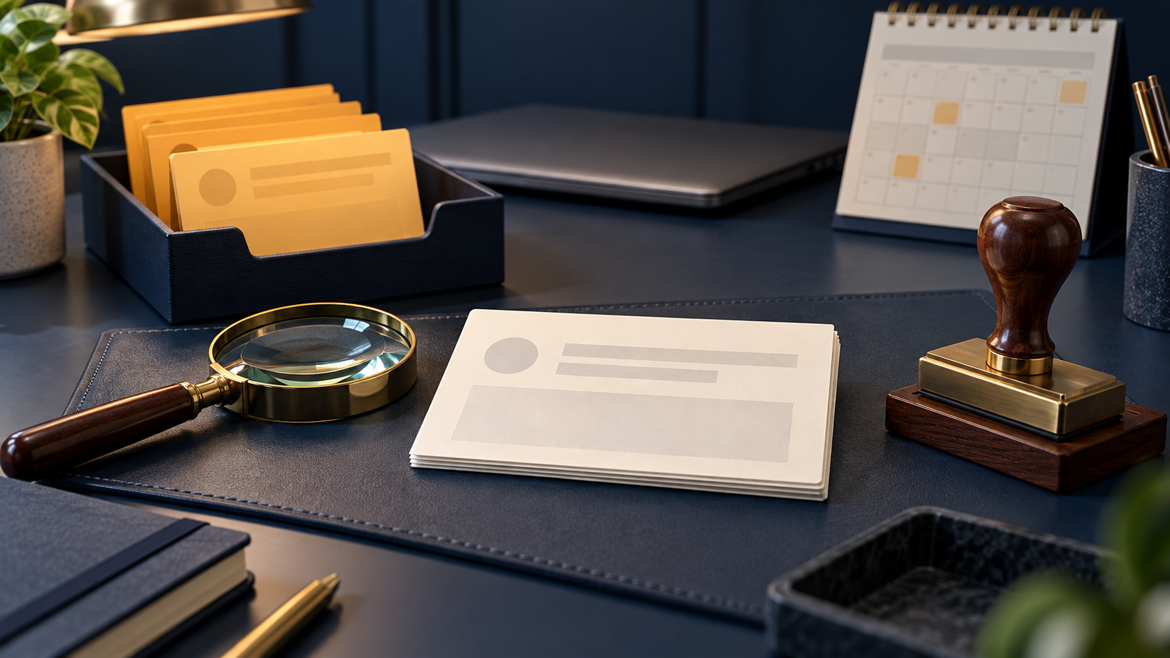 Conceptual 3D reviewer desk with blank draft card, magnifying glass, unpressed approval stamp and separate amber exception tray