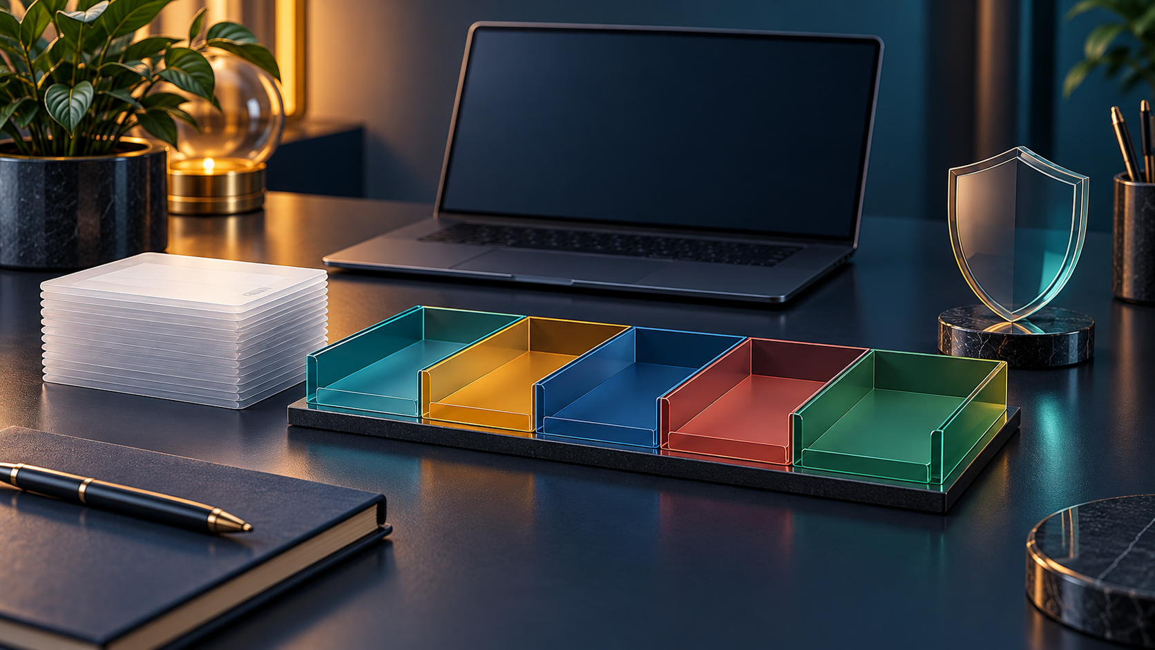 Conceptual 3D desk with blank lead cards, five empty colored decision trays, closed laptop and privacy shield