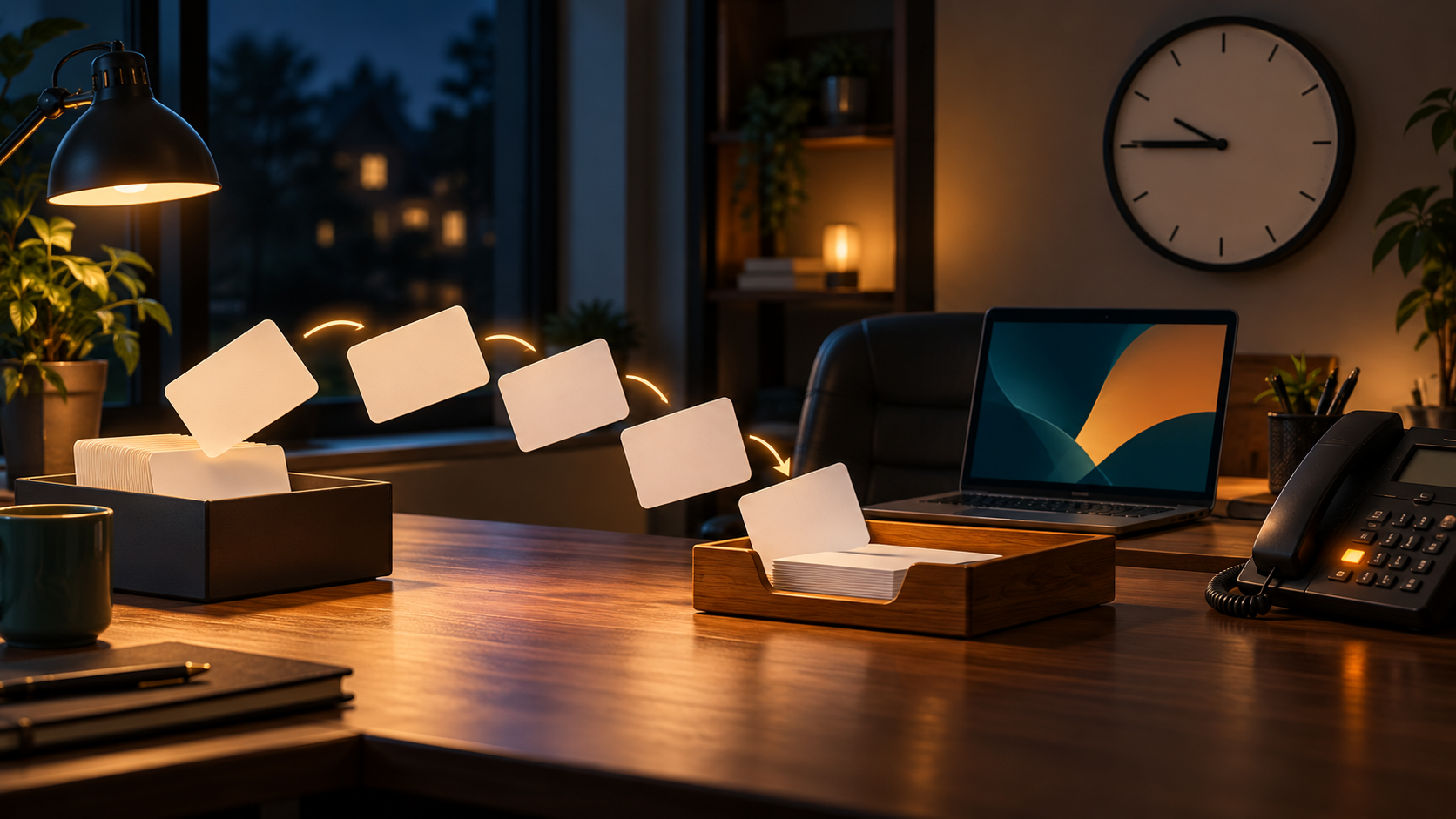 Conceptual 3D night office with desk phone, blank lead cards, a laptop and a clock representing an after-hours handoff