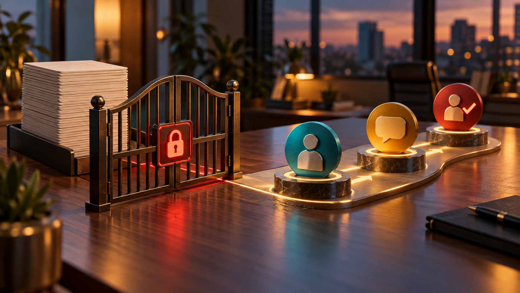 Conceptual 3D locked ad-budget gate beside separate owner, response and human-approval checkpoints