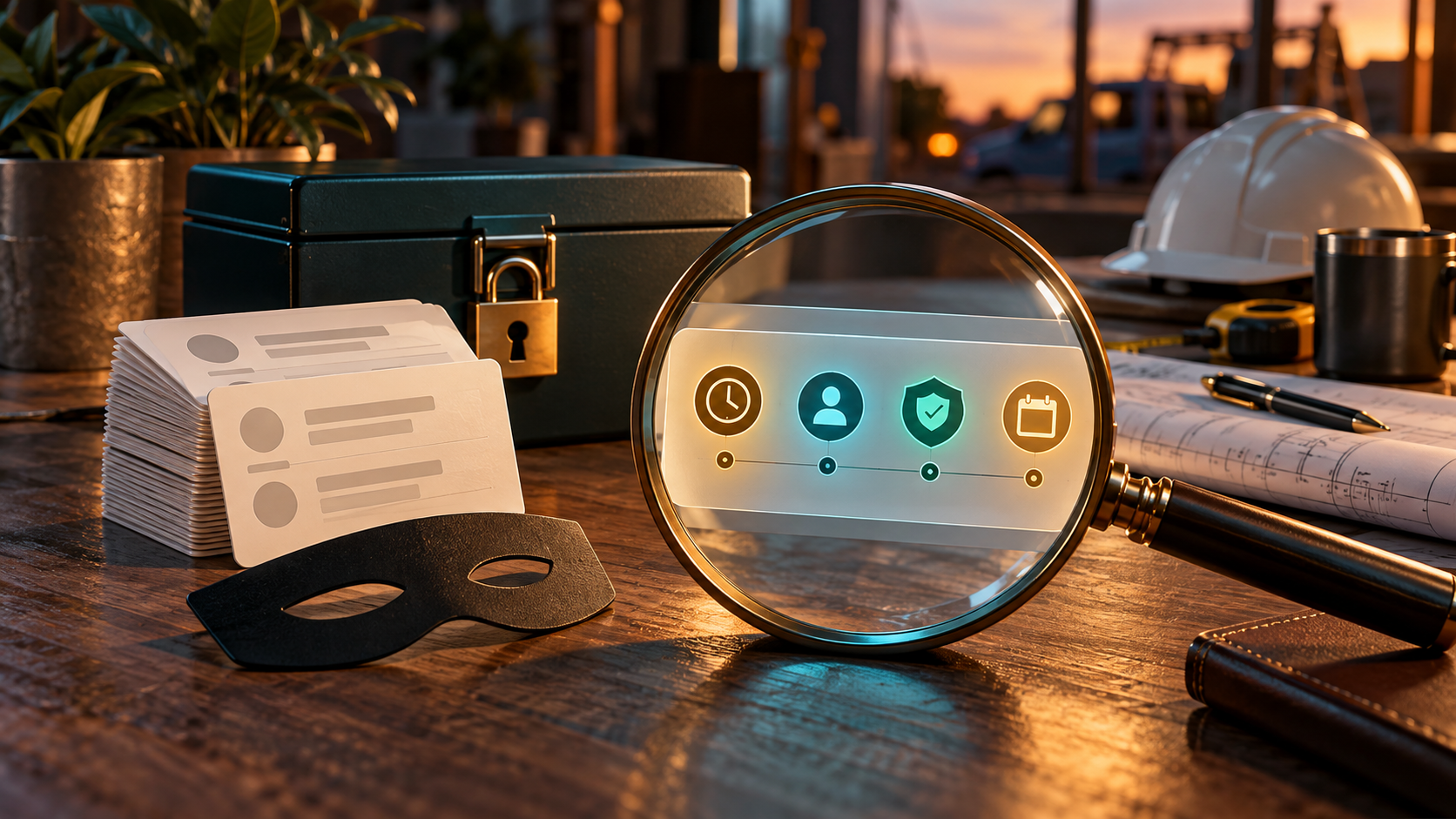 Conceptual 3D redaction mask, locked record box and magnifier showing abstract time, owner, permission and next-action icons