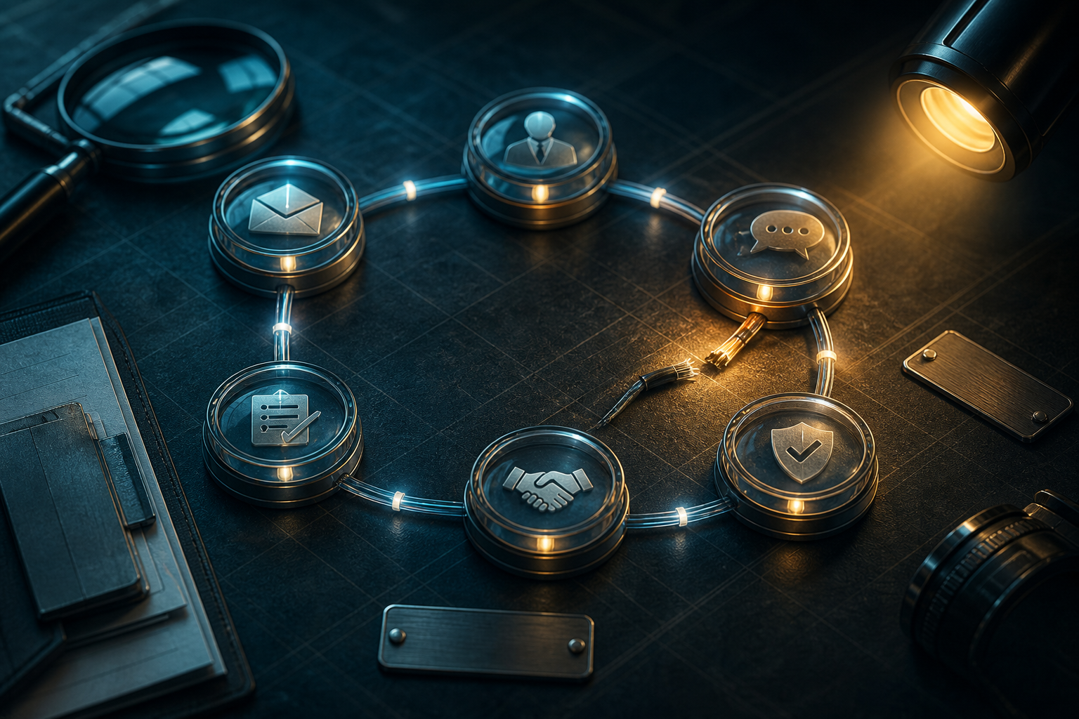 Cinematic 3D evidence chain connecting inquiry, owner, response, appointment, decision, and verified outcome tokens with one broken connector under inspection.