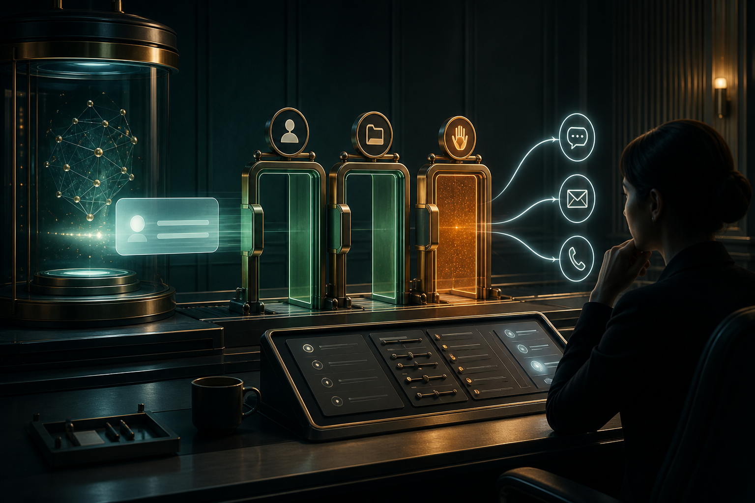 Cinematic 3D human approval station reviewing an AI-generated message through identity, context, and permission gates before communication channels.