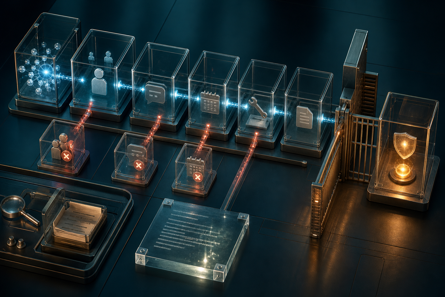 Cinematic 3D measurement chain separating inquiry, ownership, response, appointment, work, invoice, cancellation, unknown, and protected outcome chambers.