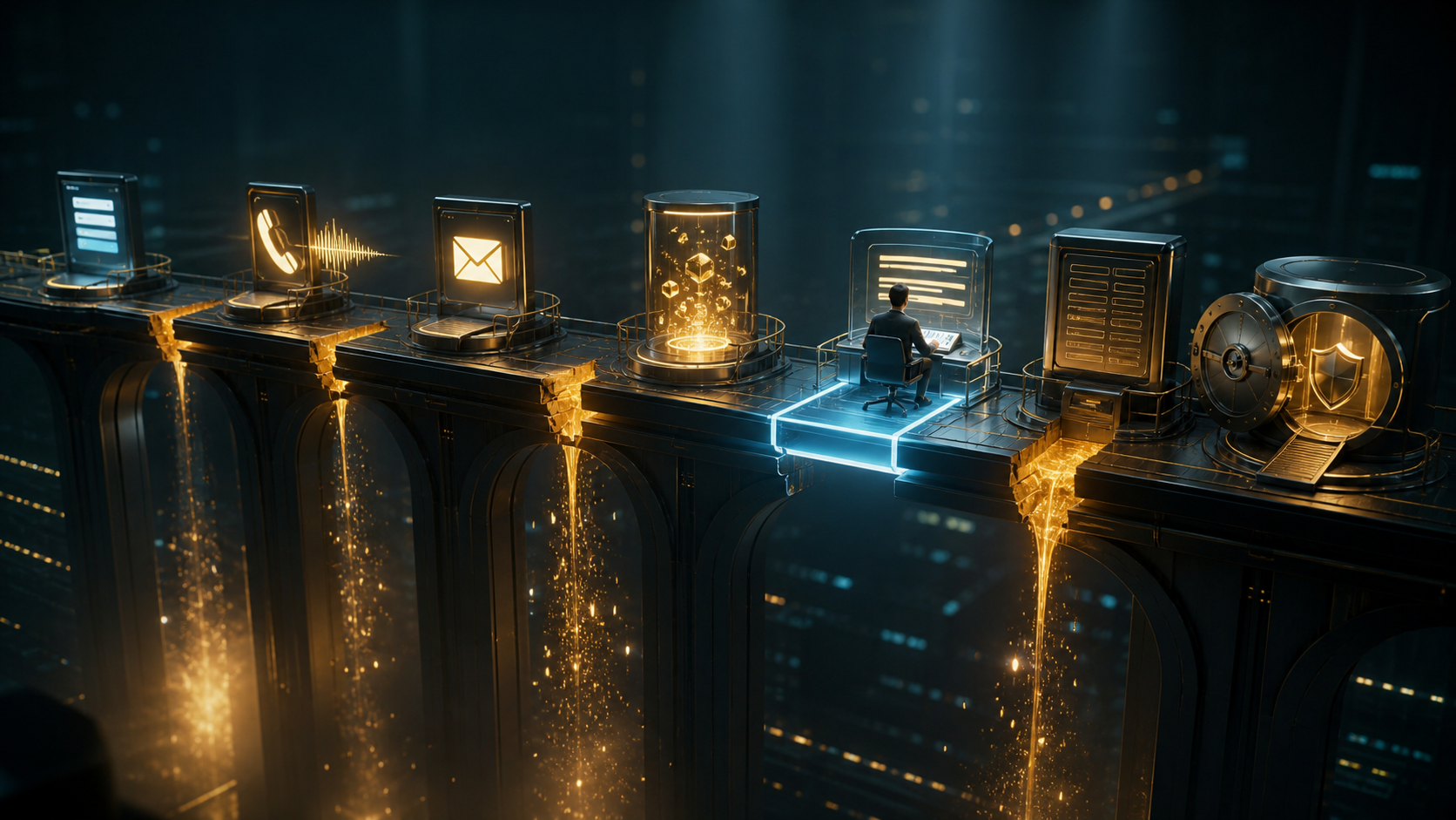 Cinematic 3D workflow bridge with form, phone, inbox, AI drafting, human approval, CRM, and outcome stations separated by visible handoff gaps.