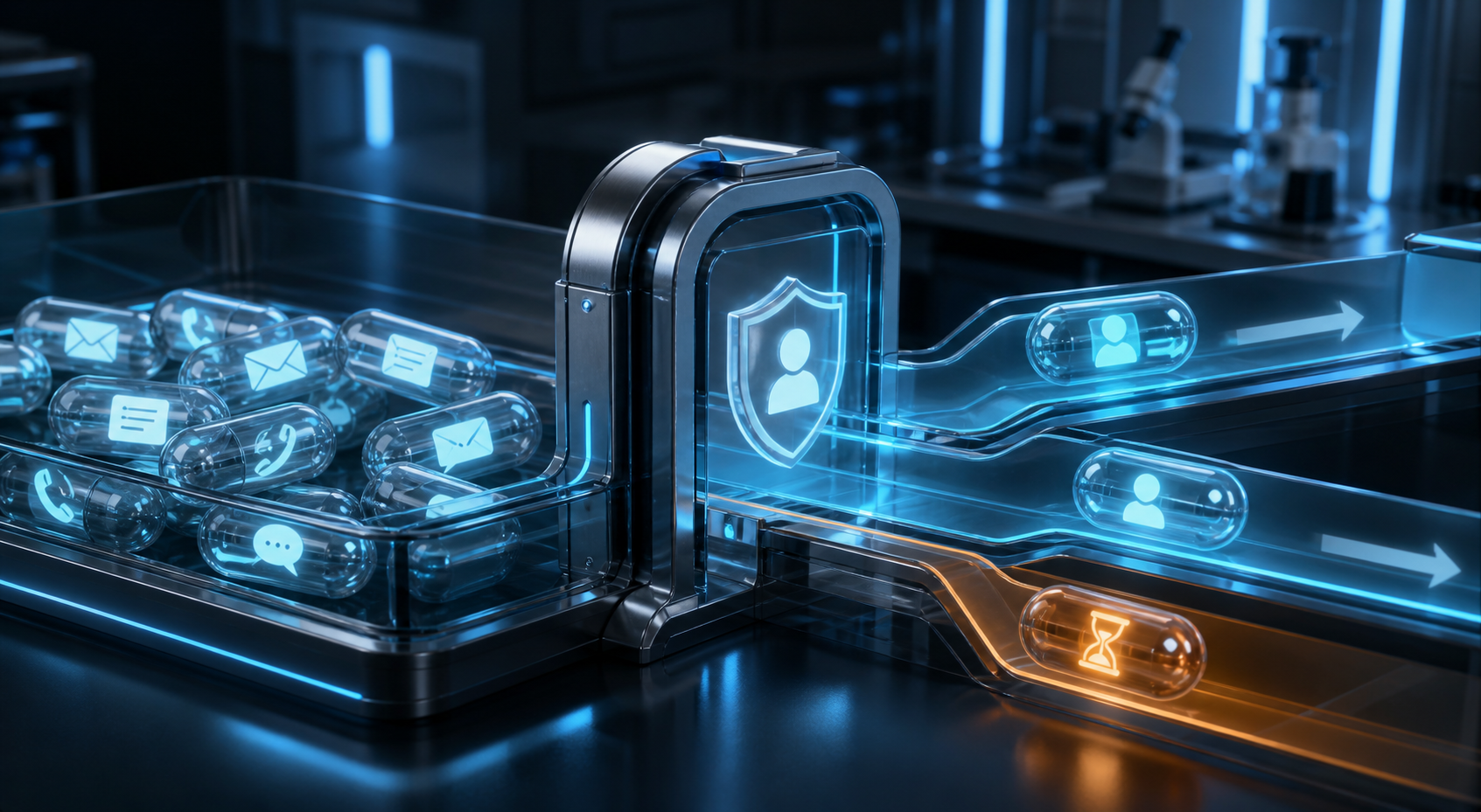 AI-generated message and phone capsules passing a glass gate, with an amber hourglass capsule on a separate track.