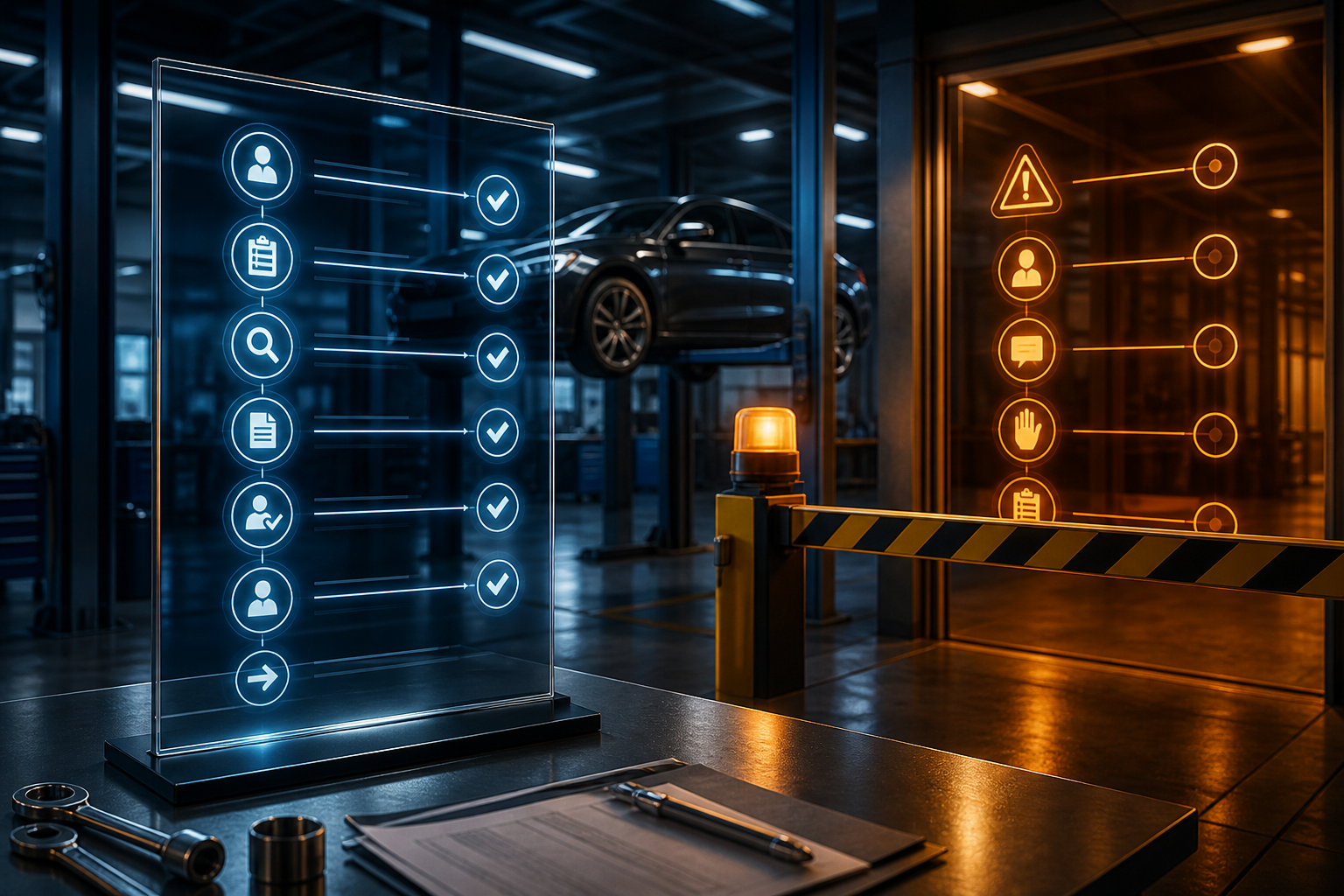 Cinematic 3D repair workflow audit receipt with verified evidence nodes beside an amber hold lane behind a safety barrier.