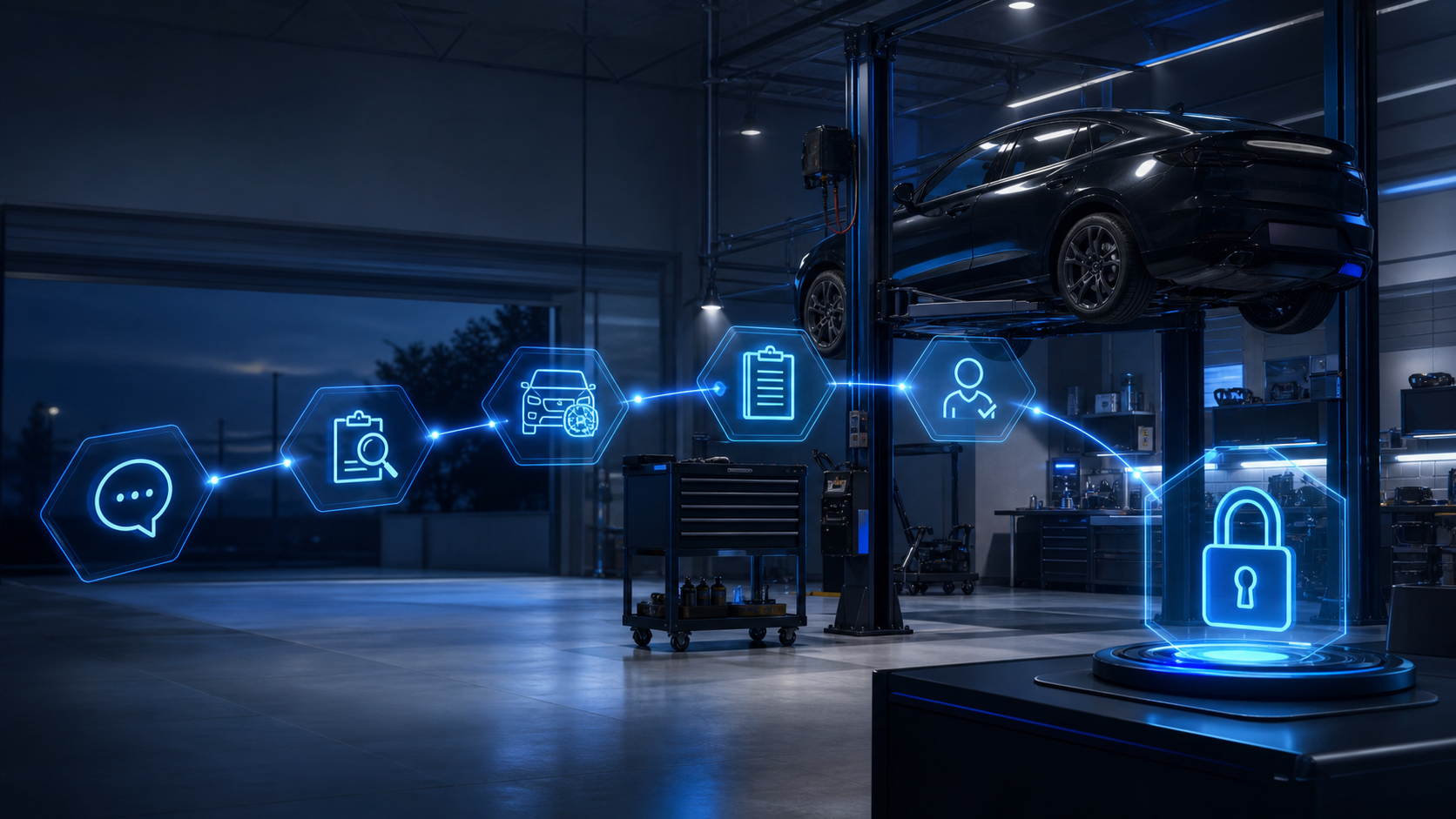 Cinematic 3D auto repair bay with an evidence path from customer concern through inspection and estimate review to a locked lead-budget control.