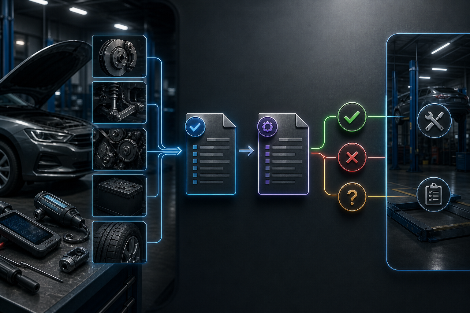 Cinematic 3D repair workflow showing inspection findings, two estimate versions, separate approved, declined, and unknown decisions, and a later work boundary.