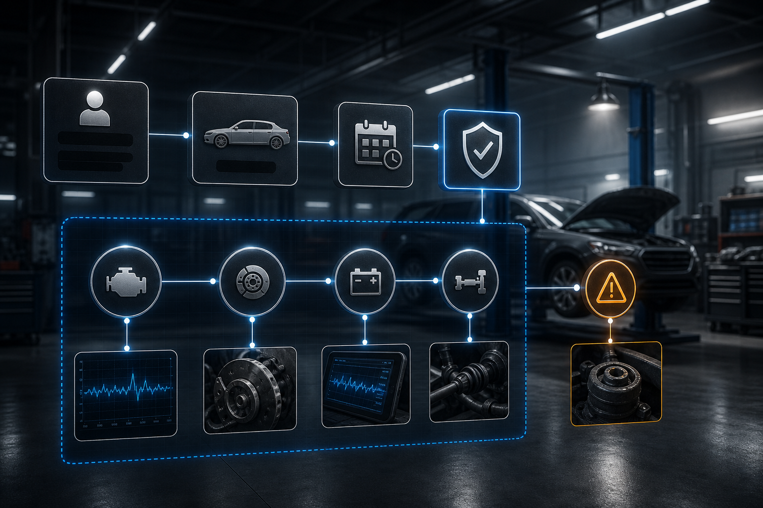 Cinematic 3D repair intake board showing a minimized customer concern, vehicle reference, appointment event, diagnostic boundary, inspection evidence, and one unresolved hold.