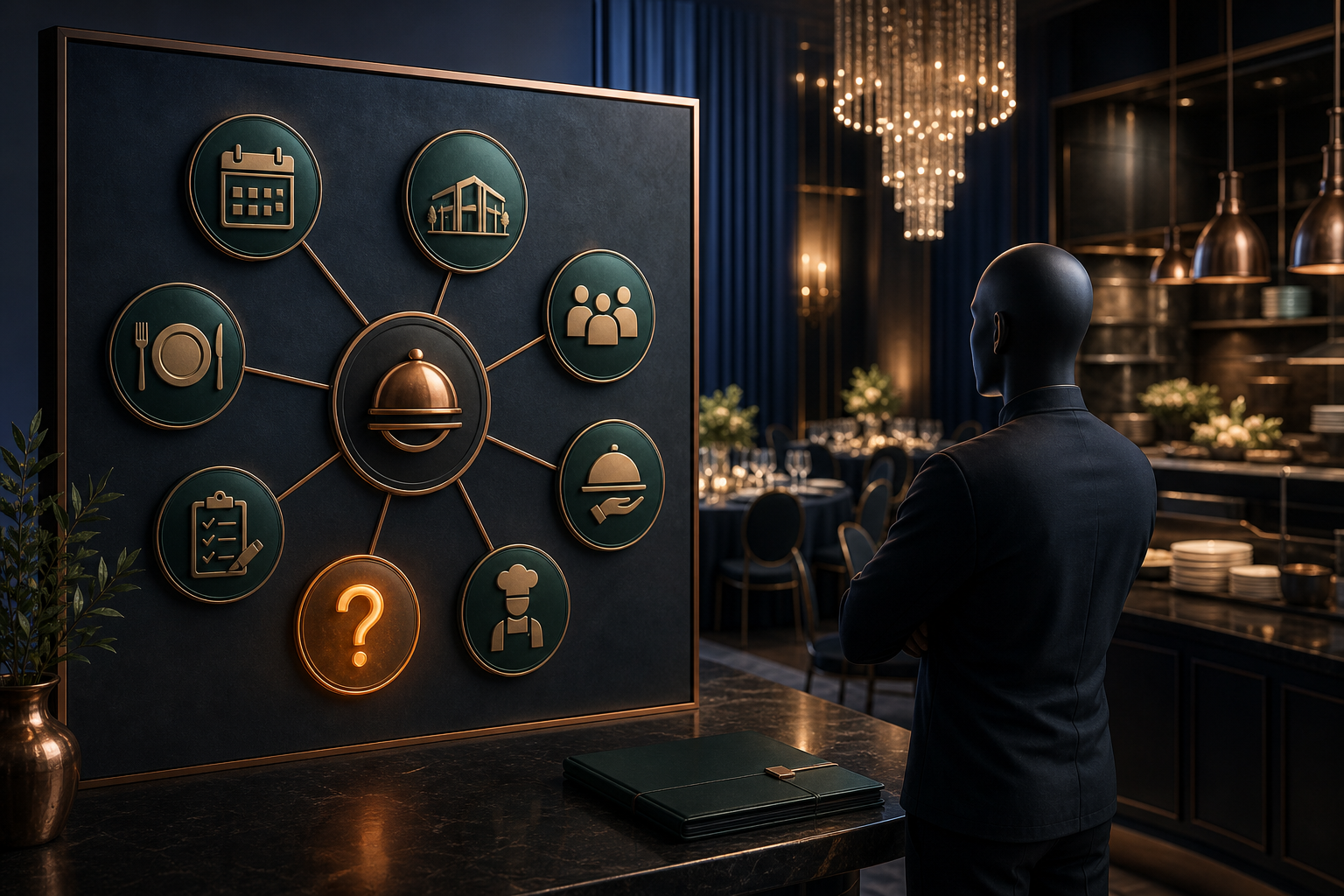 Cinematic 3D catering event-scope board with date, venue, guest, service, menu, staffing, and unresolved-scope icons beside an accountable owner.