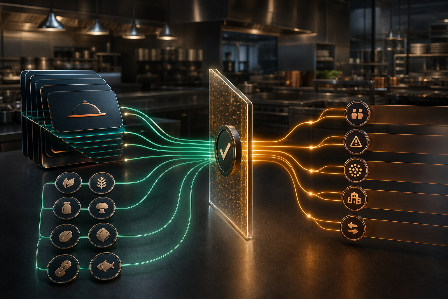 Cinematic 3D catering menu-version workflow with abstract allergen categories crossing a qualified-review boundary while unresolved conditions remain held.