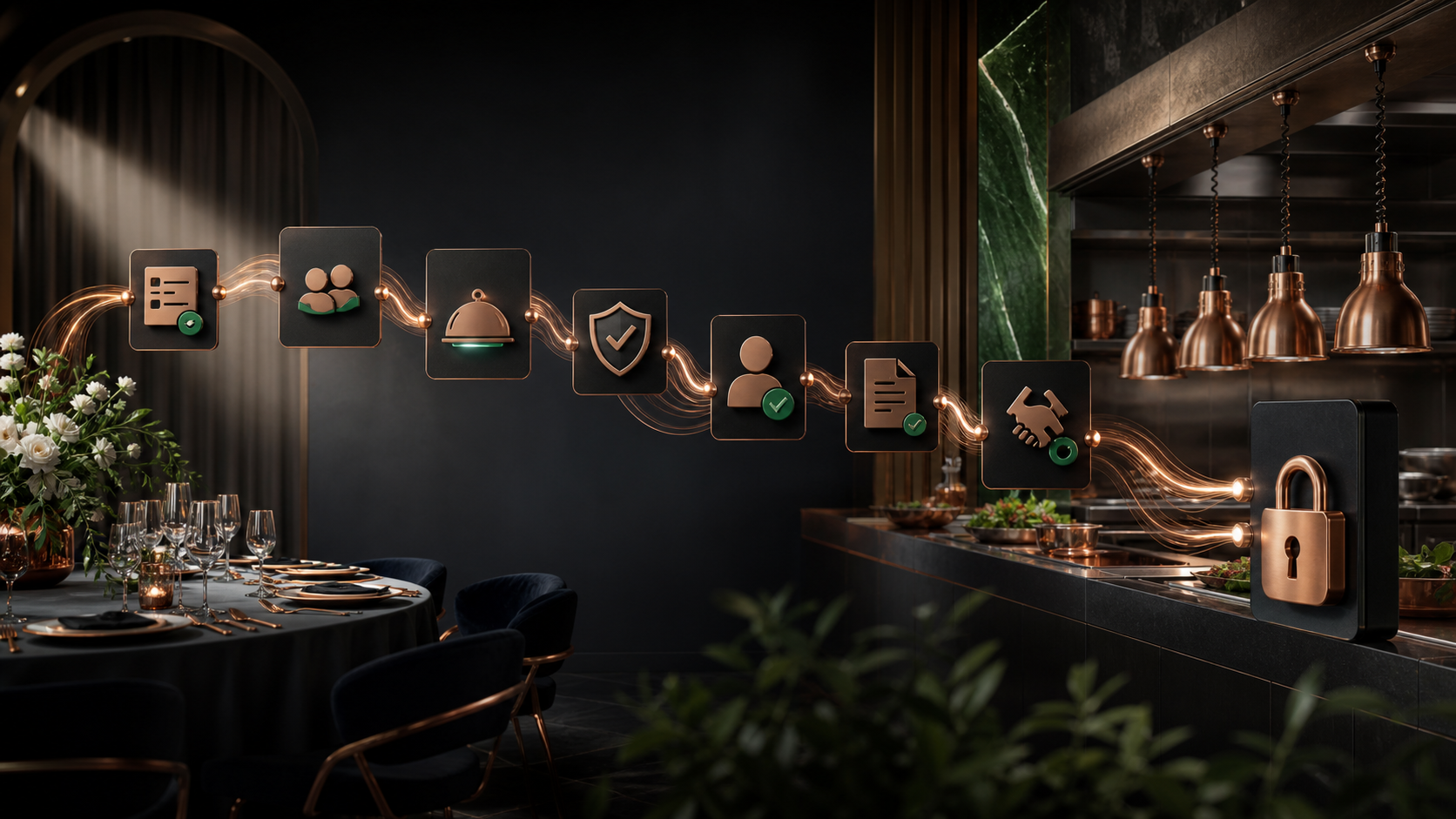 Cinematic 3D catering operations workflow connecting an event request, menu review, quote decision, and locked volume control.