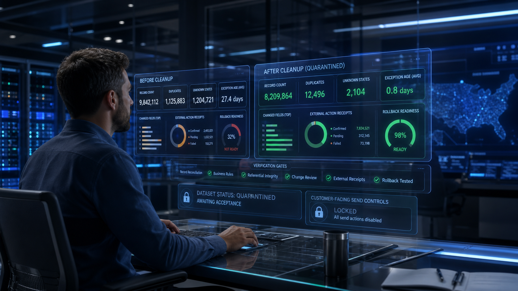 A human analyst compares before and quarantined after-cleanup evidence, verification gates, exception age, changed fields, external-action locks, and rollback readiness.