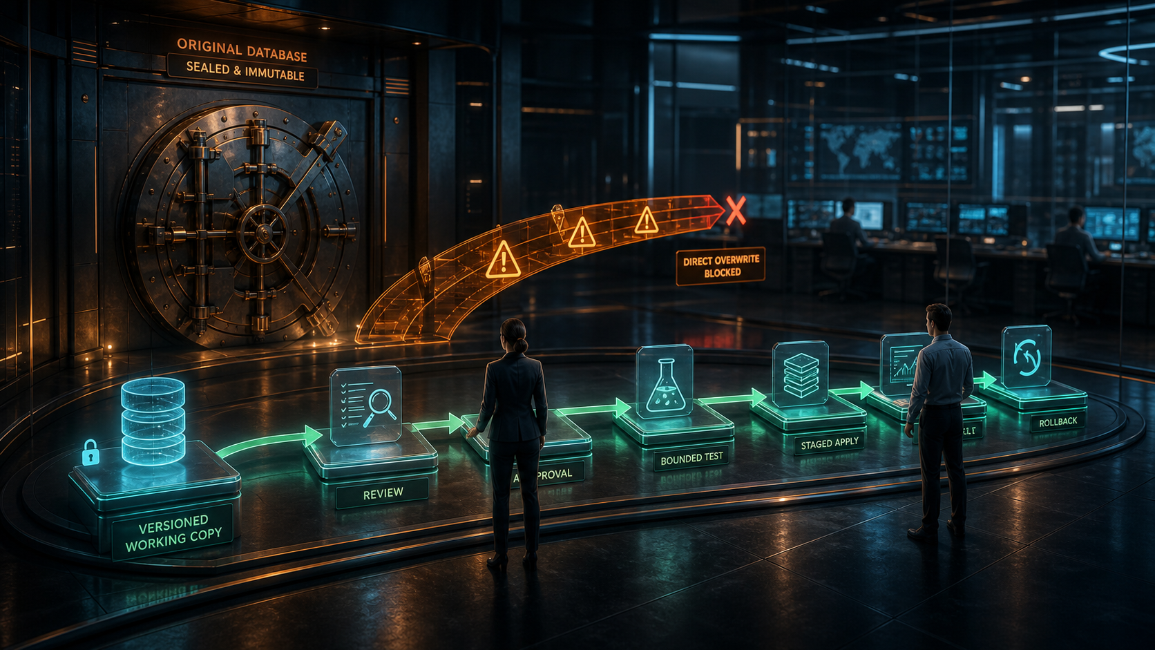 Cinematic 3D controlled cleanup path using a versioned working copy, review, approval, bounded test, staged apply, verification, and rollback while direct overwrite is blocked.