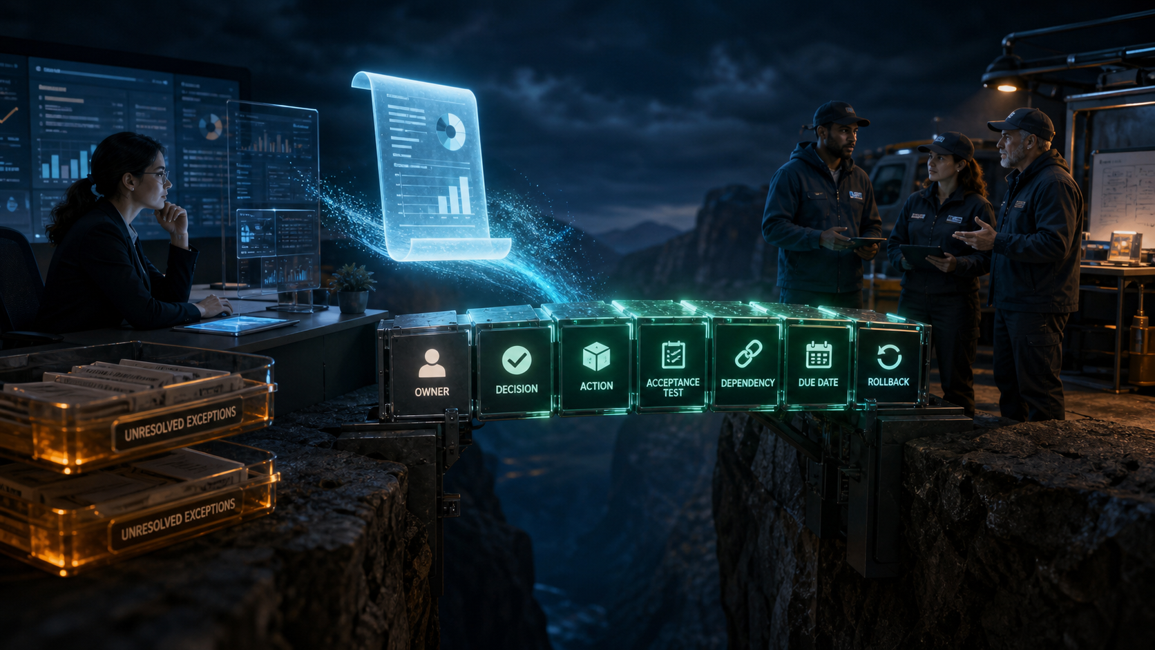 Cinematic 3D bridge carrying a cleanup report from an analyst to an operations team using owner, decision, action, acceptance, dependency, due date, and rollback modules.