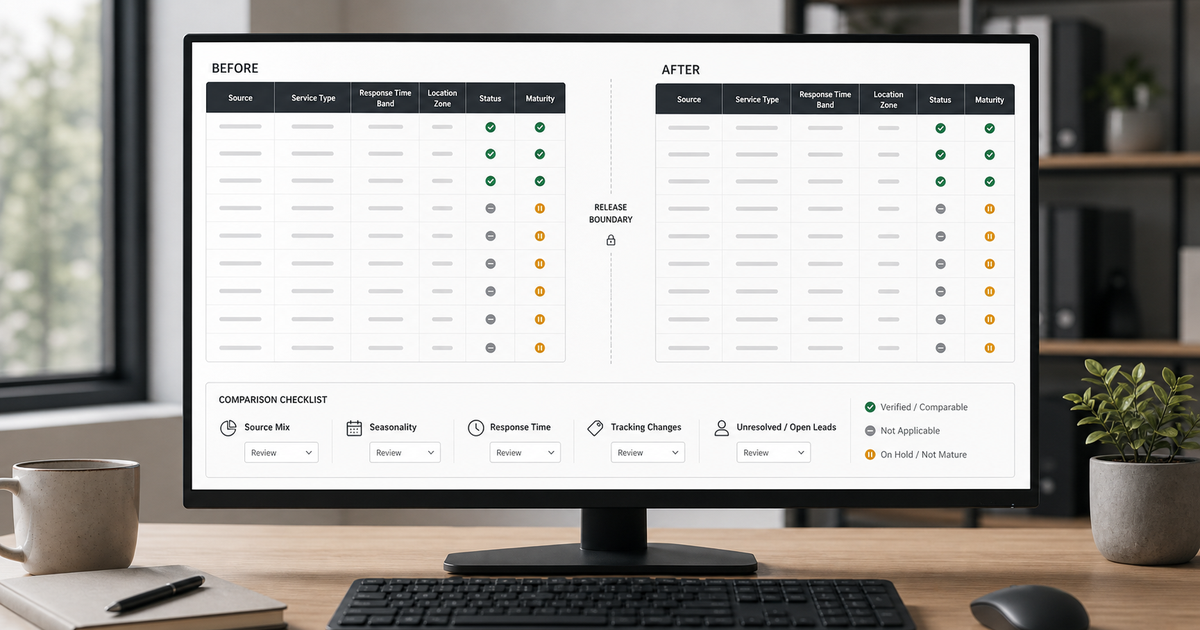 Masked before-and-after lead tables are compared across a website release boundary with source, seasonality, response, tracking, and maturity checks.