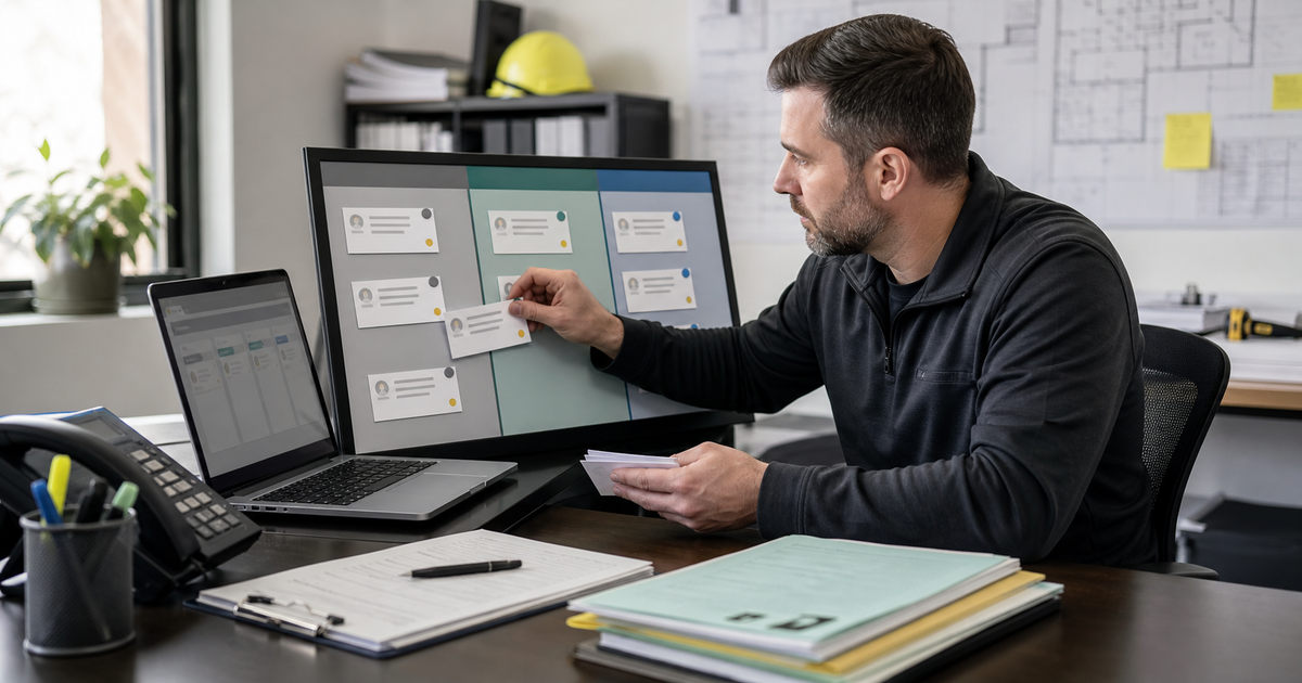 A contractor operations manager reassigns open estimate cards across a lead-management board after a staffing change.