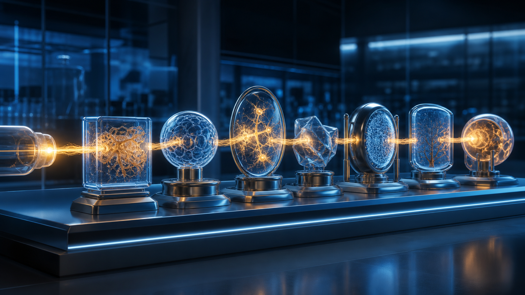 Abstract glass objects connected by a glowing line in a blue laboratory-style scene.