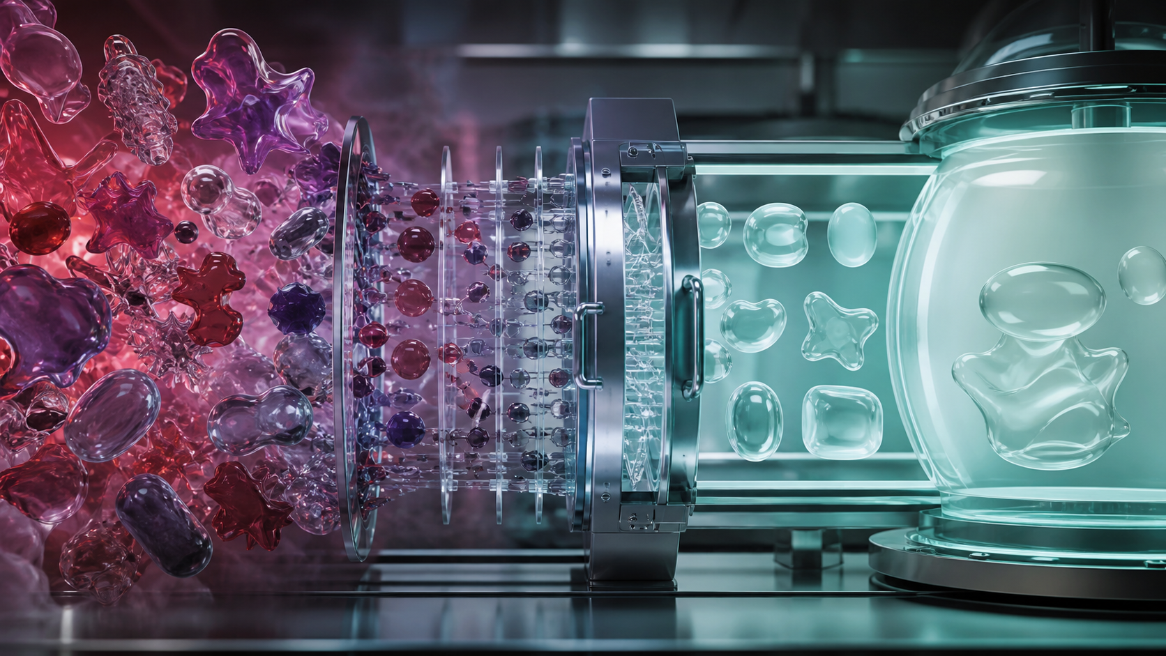 Fragments pass through an abstract glass separator toward a group of clear containers.