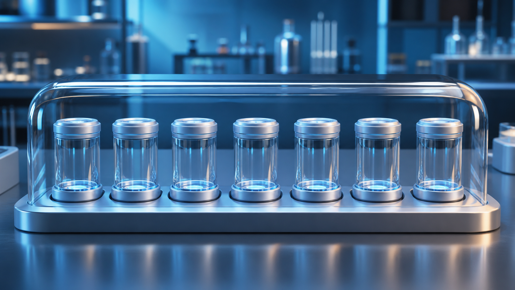 A row of empty glass capsules in a blue laboratory-style tray.
