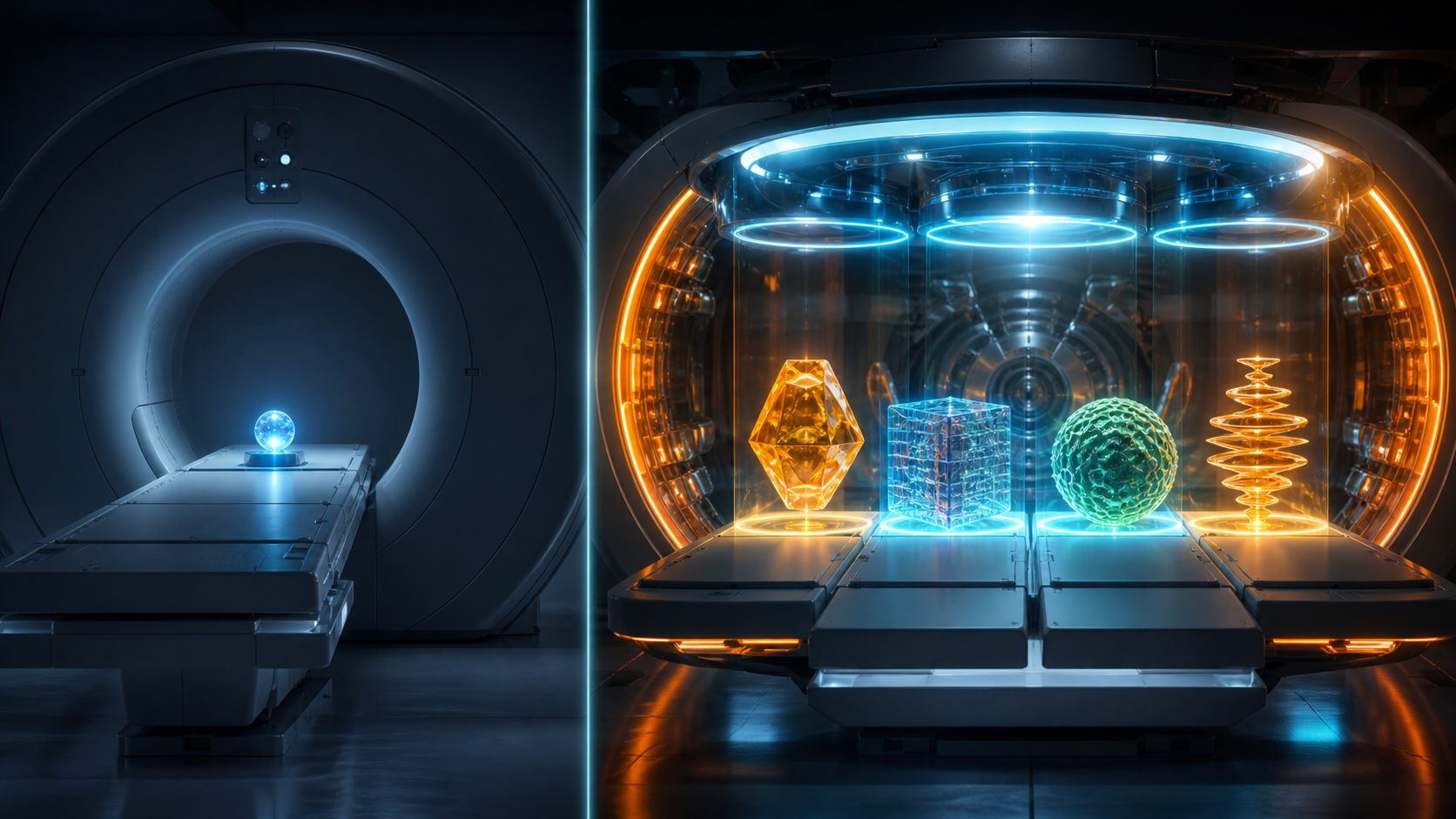 An isolated glowing sphere beside a group of glass shapes in a blue scanner-like scene.