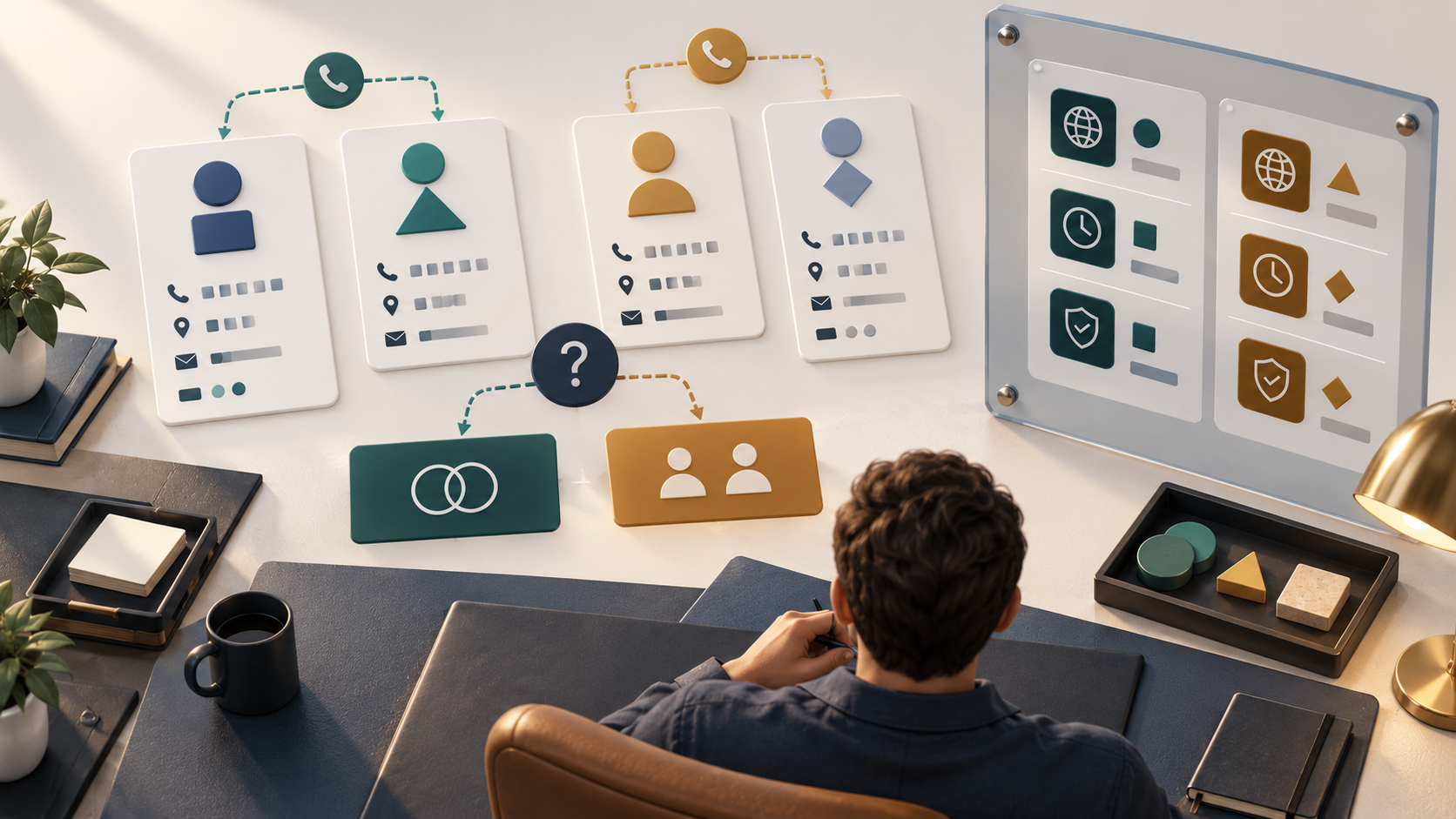 A 3D illustration of anonymous CRM cards and unlabelled evidence tokens being compared by a human reviewer before any merge decision.