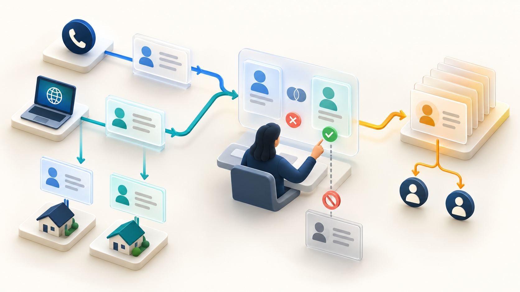An illustrative 3D contractor follow-up workflow where phone and web events meet at a human review point before one controlled action queue.