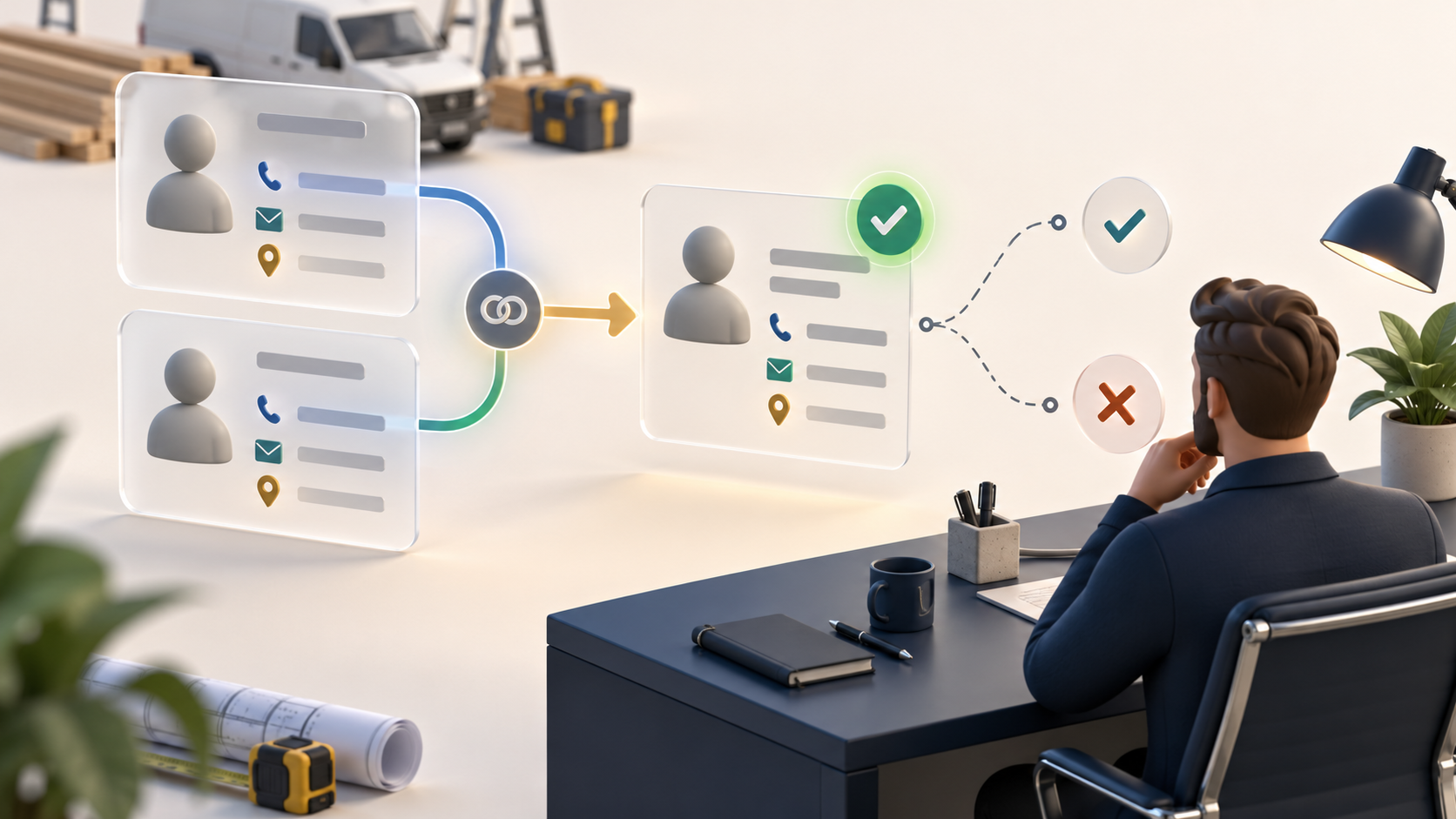 An illustrative contractor CRM review desk where a person evaluates potentially overlapping inquiry records before a follow-up decision.