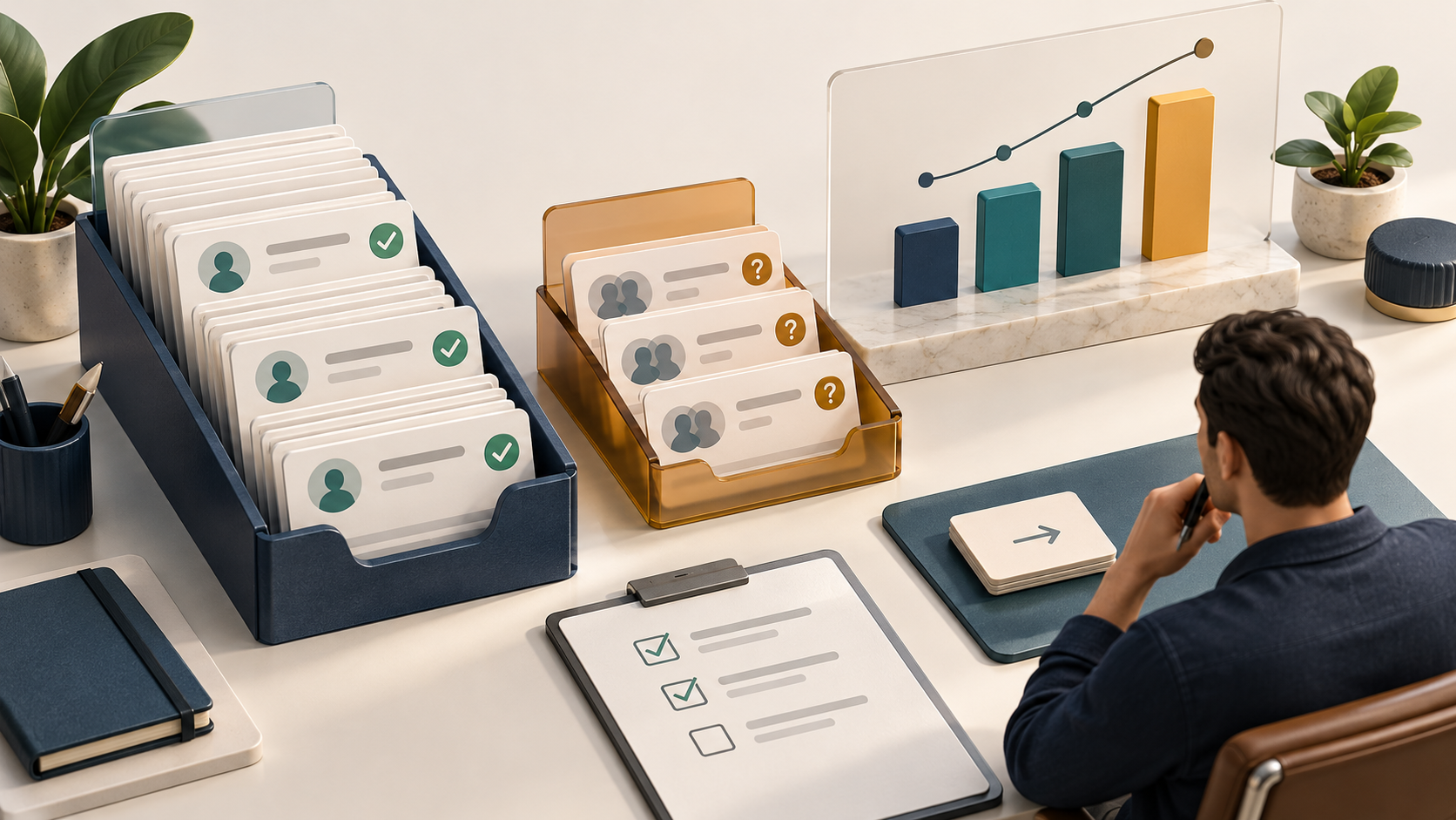 A 3D illustration of a verified lead queue, a smaller unresolved review tray, and an abstract weekly trend board observed by a human reviewer.
