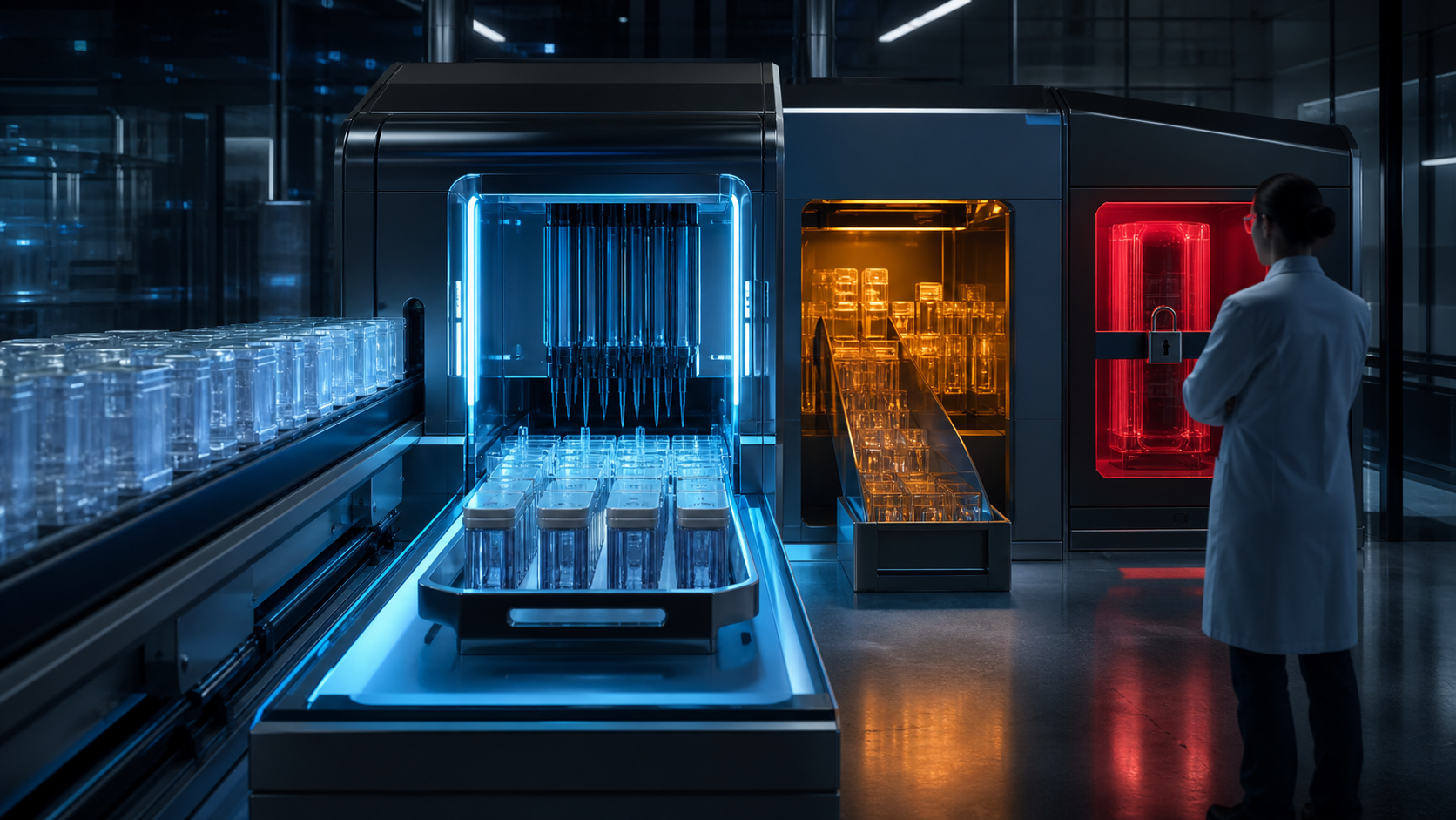 AI-generated laboratory scene with a worker beside blue and amber sample trays and a locked red compartment.