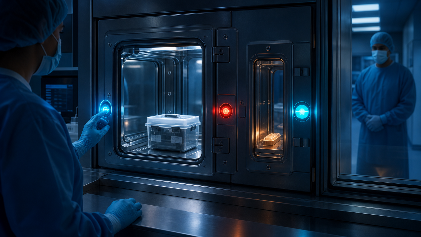 AI-generated workers on opposite sides of a glass transfer chamber containing a case and a separate amber object.