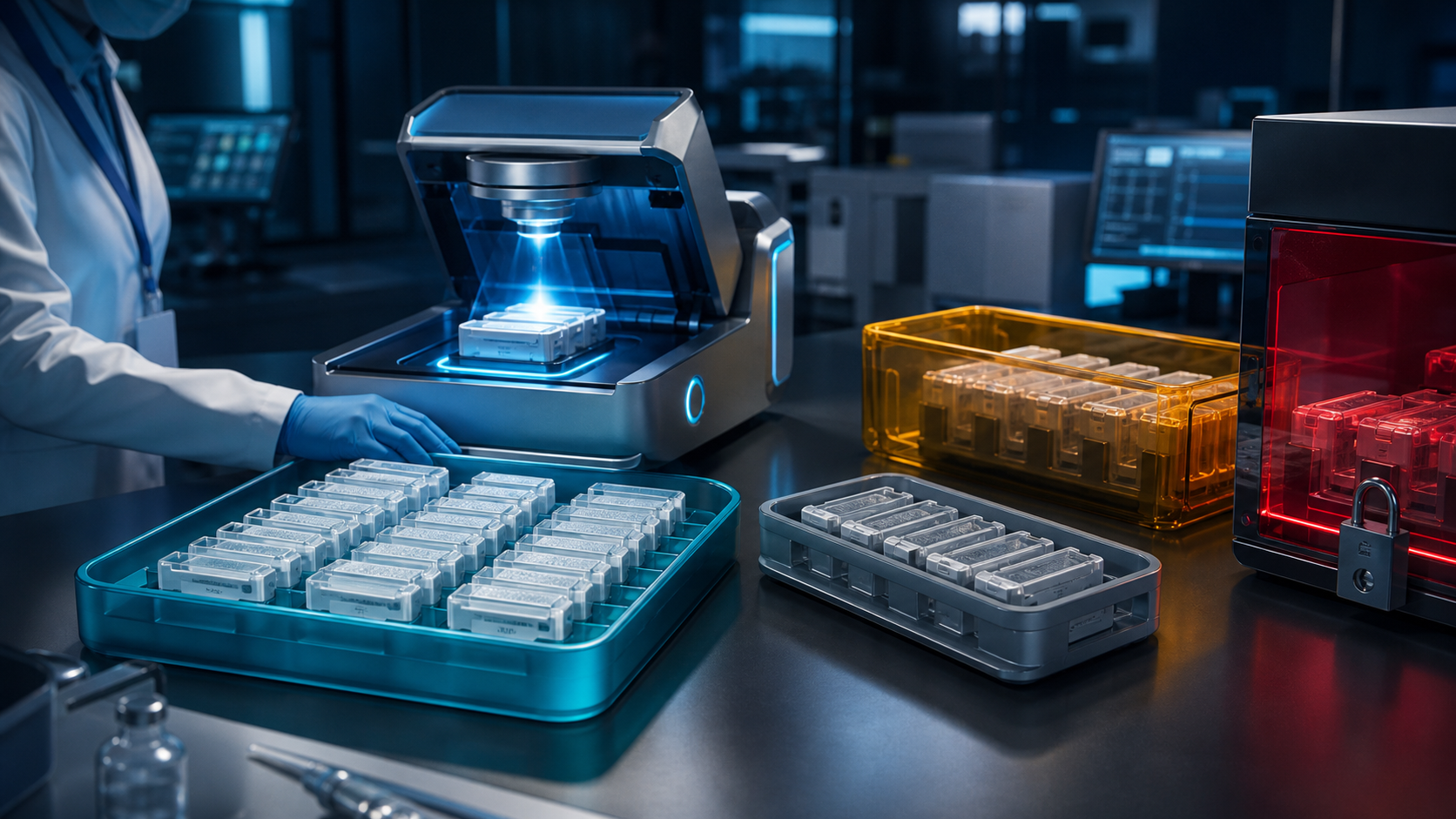 AI-generated worker and scanner beside blue, grey and amber trays of sample cards and a locked red compartment.