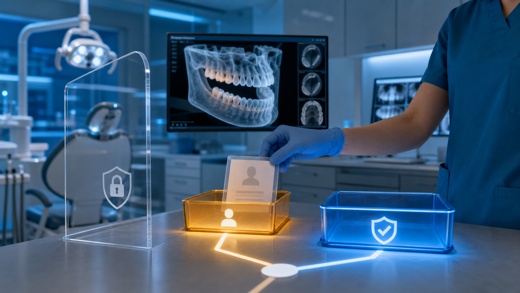 AI-generated staff hand placing a fictional message card into an amber tray beside a blue shield tray