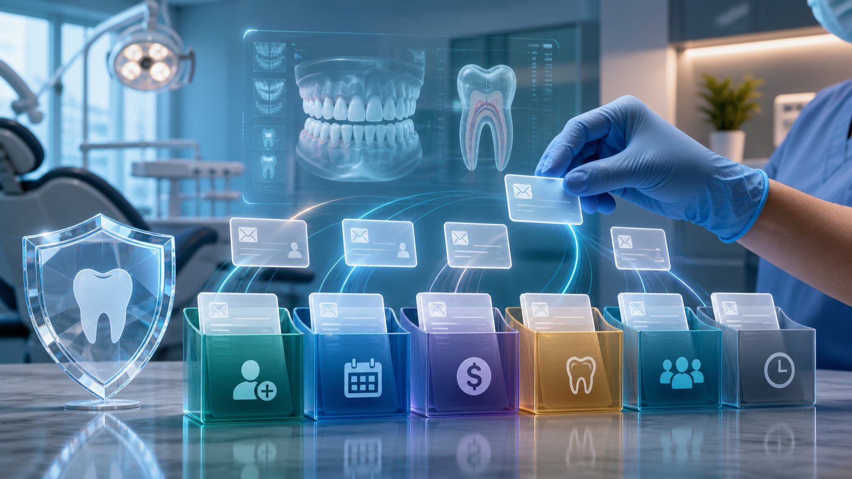 AI-generated dental office scene with a gloved hand routing message cards into six colored trays