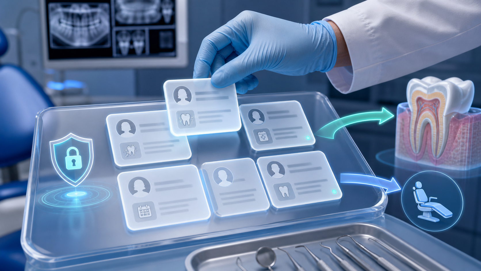 AI-generated gloved hand selecting a fictional message card from a tray beside a privacy shield