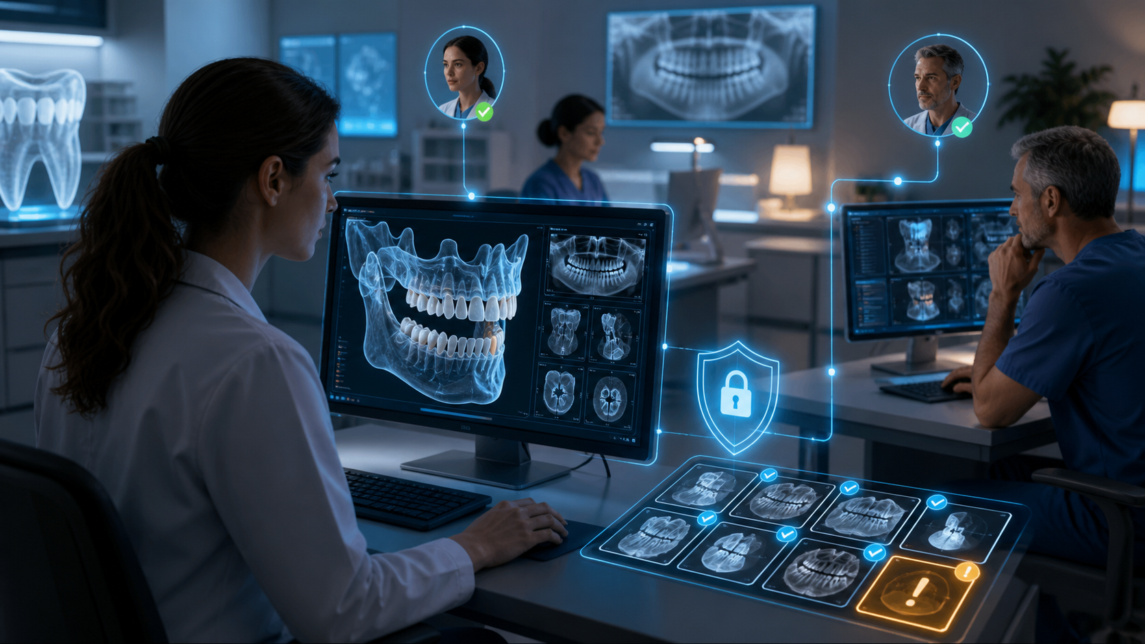 AI-generated fictional dental staff at workstations linked by a privacy symbol and status cards