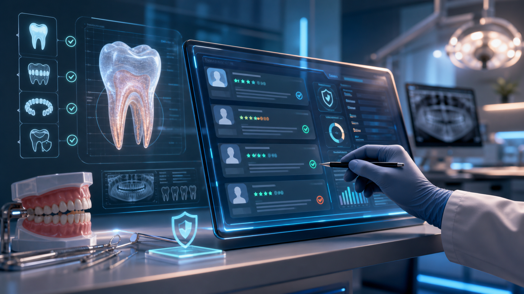 AI-generated dental office scene with a fictional review dashboard and privacy shield
