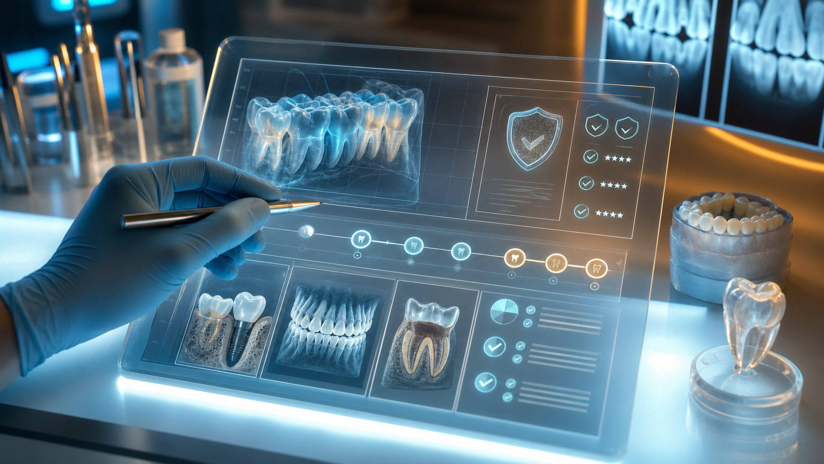 AI-generated dental display with invented scans, review icons, and an approval shield