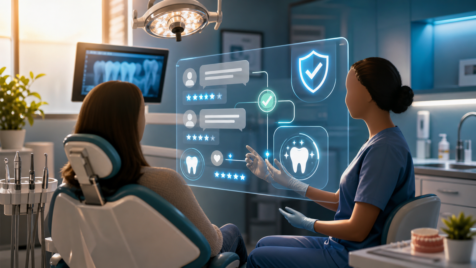 AI-generated fictional dental office conversation with review symbols and a privacy shield