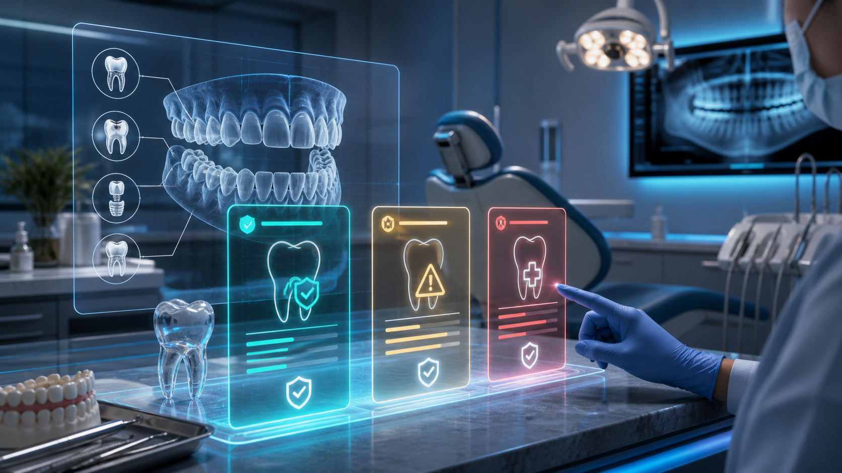 AI-generated dental review triage scene with three colored review cards and tooth models