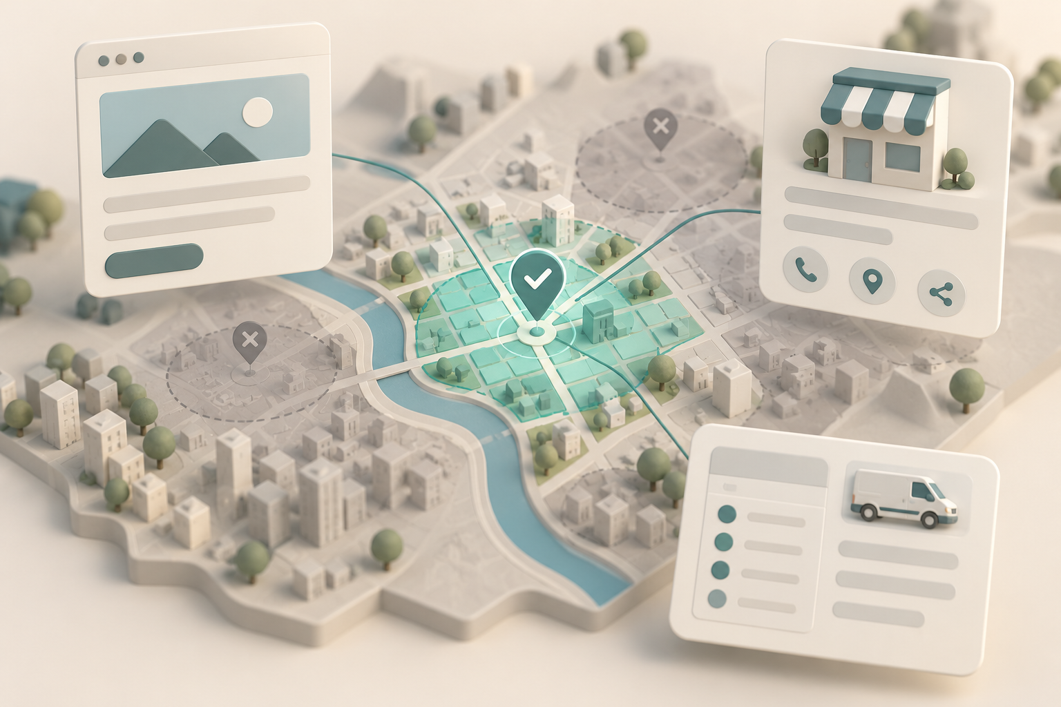 Website, business-profile and dispatch information tiles meet over a stylized verified service area in an illustrative 3D diagram.