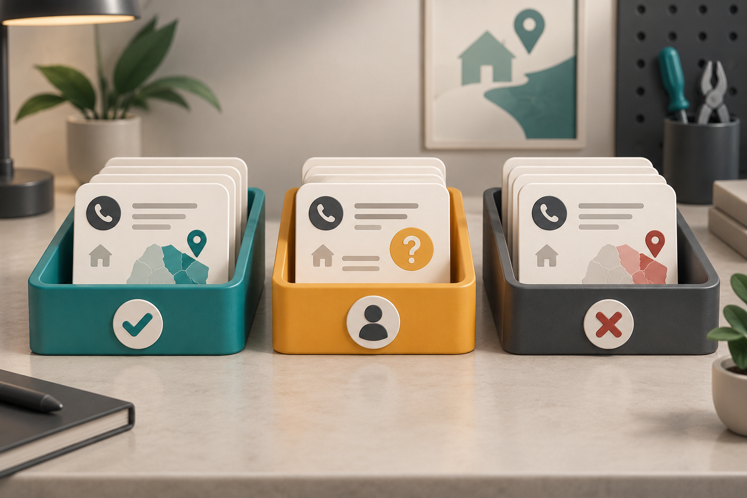 Anonymous incoming call cards sit in separate confirmed-fit, review-needed and outside-coverage trays in an illustrative 3D scene.