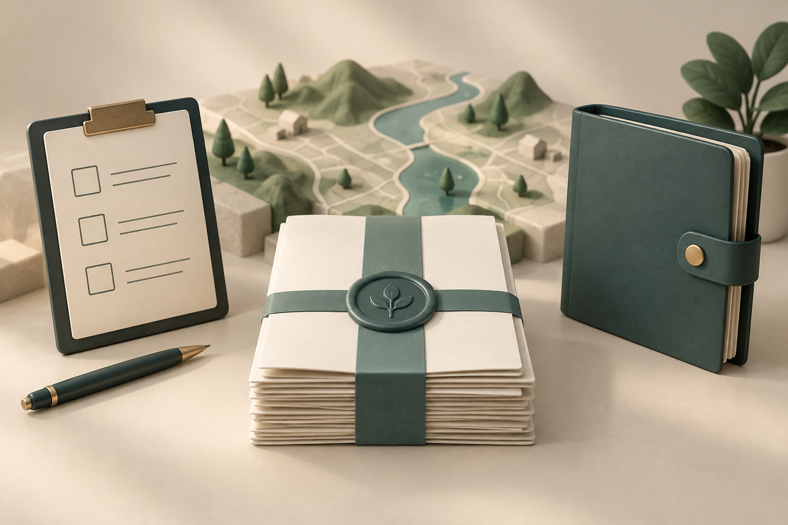 An evidence packet sits beside a process checklist and a closed budget folder in an illustrative 3D decision scene.