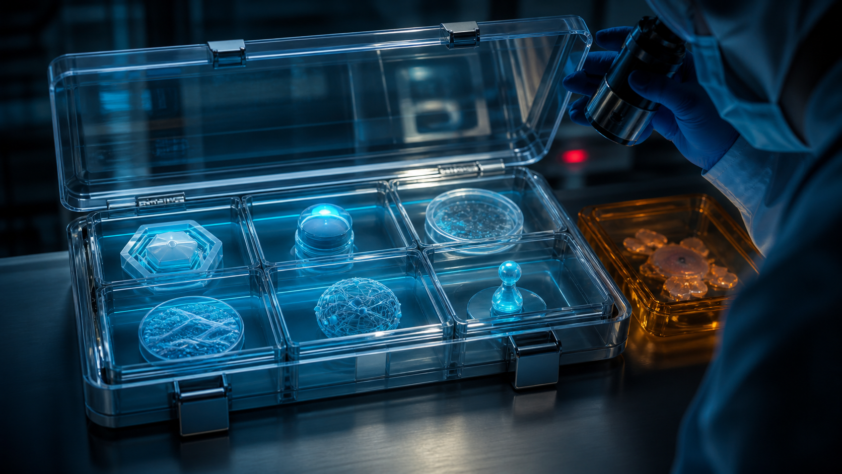 A clear case holds six blue-lit objects beside an amber tray, representing separate pieces of an estimate explanation and an unresolved detail.