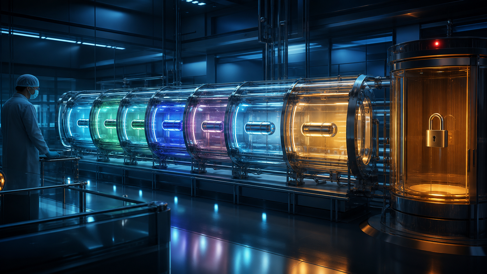 Glass chambers in a blue-lit laboratory lead toward a locked amber chamber, representing checks before a discount decision.