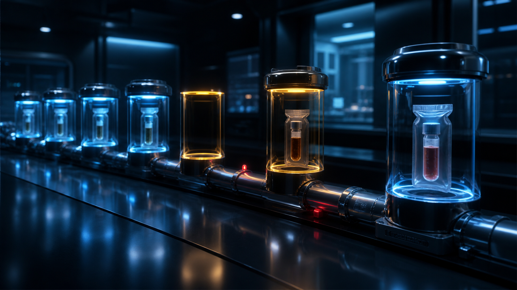 Blue-lit containers alternate with an empty amber chamber, a visual metaphor for recorded events and a gap in an estimate timeline.