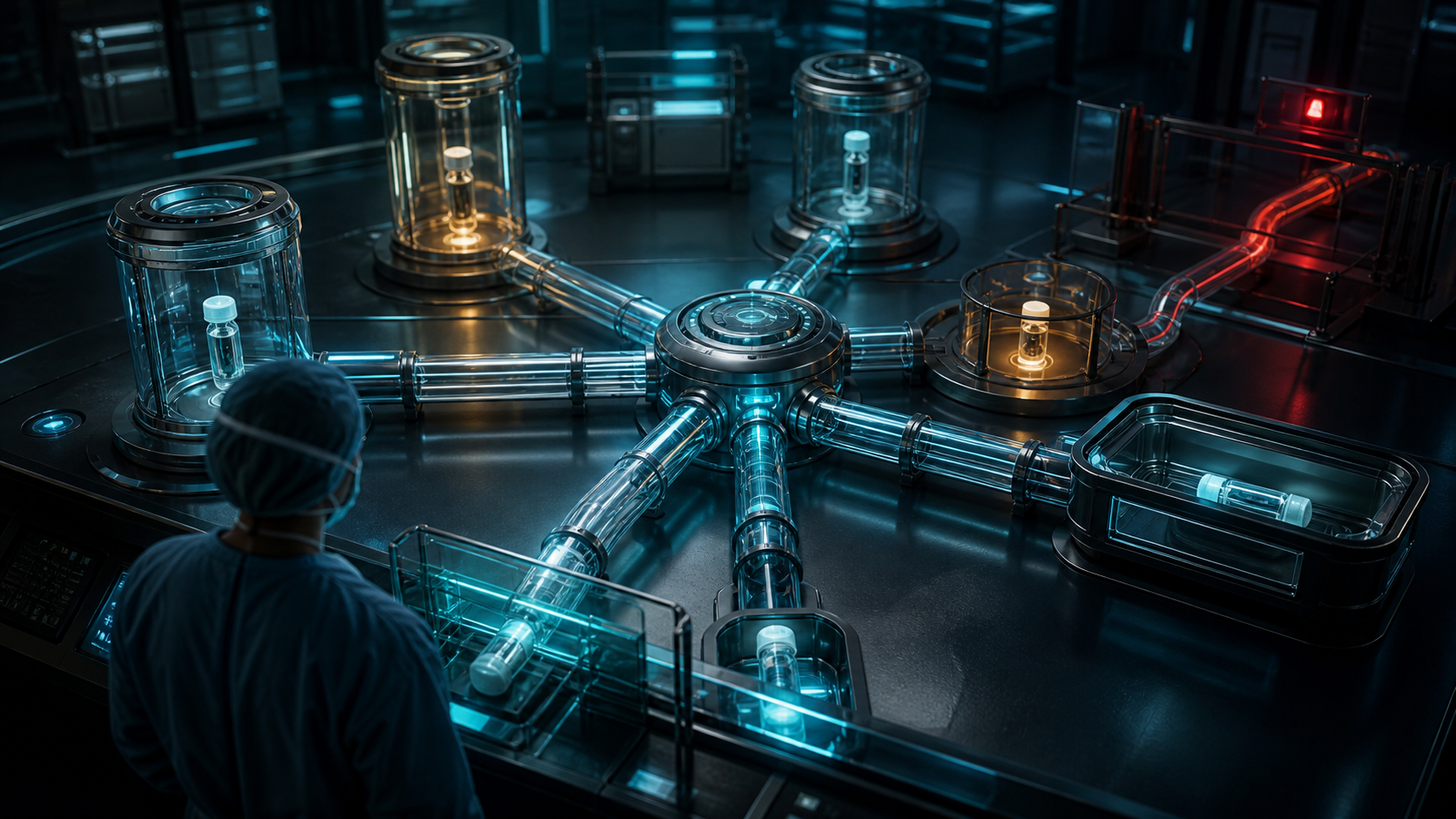 A laboratory-style hub branches toward several containers and one red barrier, representing possible follow-up decisions and a route still on hold.