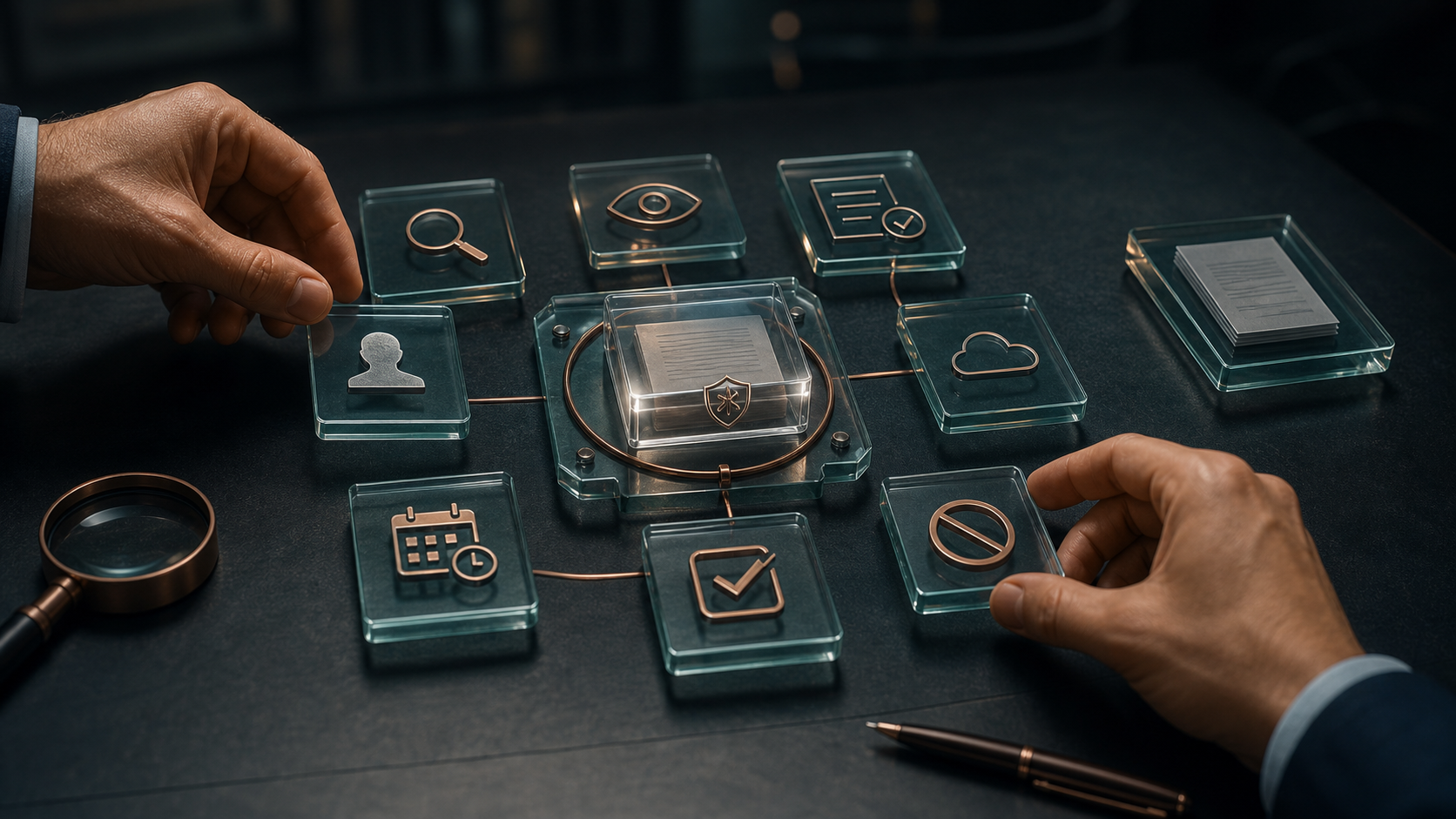 Cinematic 3D hands arranging provenance, observation, rule, owner, timestamp, allowed action, and prohibited action evidence tiles around an untouched source record.